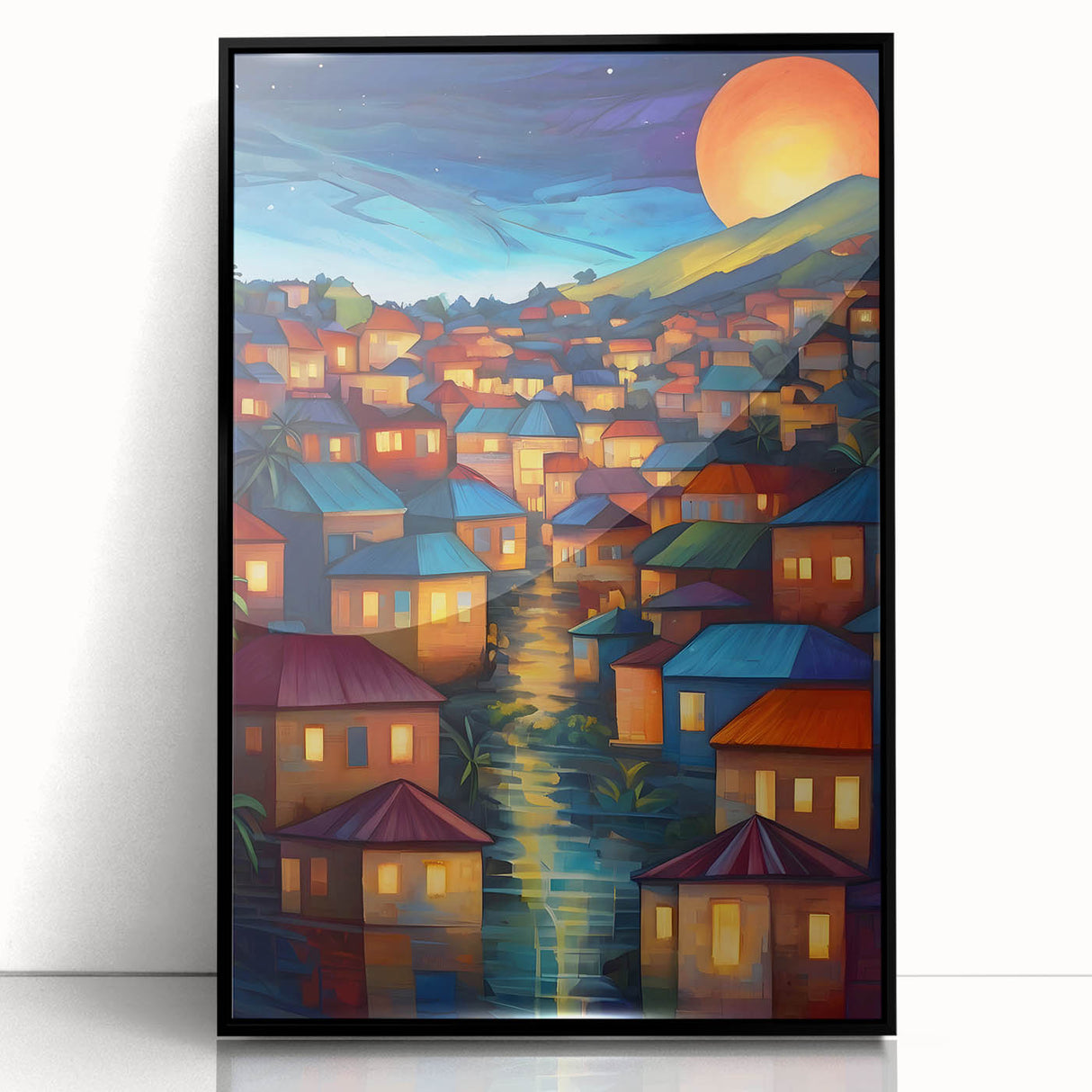 Large abstract wall art depicting a serene Oceania Fiji scenery in muted blue and green tones on a framed acrylic.