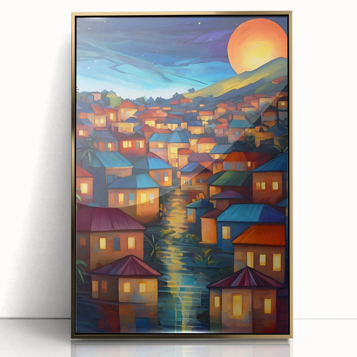 Large art print of a Fiji scenery in mid-century modernist style, framed in gold acrylic, suitable for modern art wall decor.