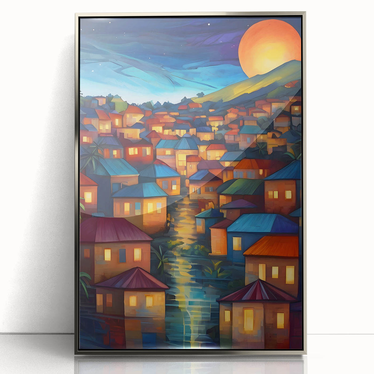 Mid-century modernist art depicting a serene Fiji ocean scene in cool blue tones, framed in silver acrylic.