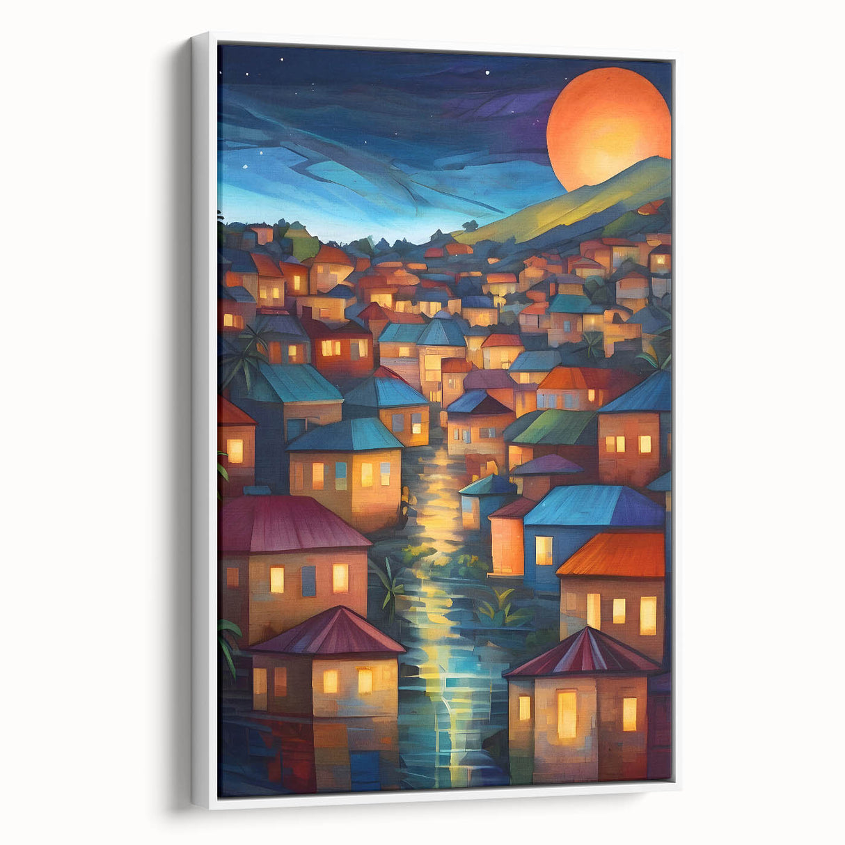 Framed canvas depicting a serene Fiji landscape in muted blues and greens, ideal for bedroom wall art.