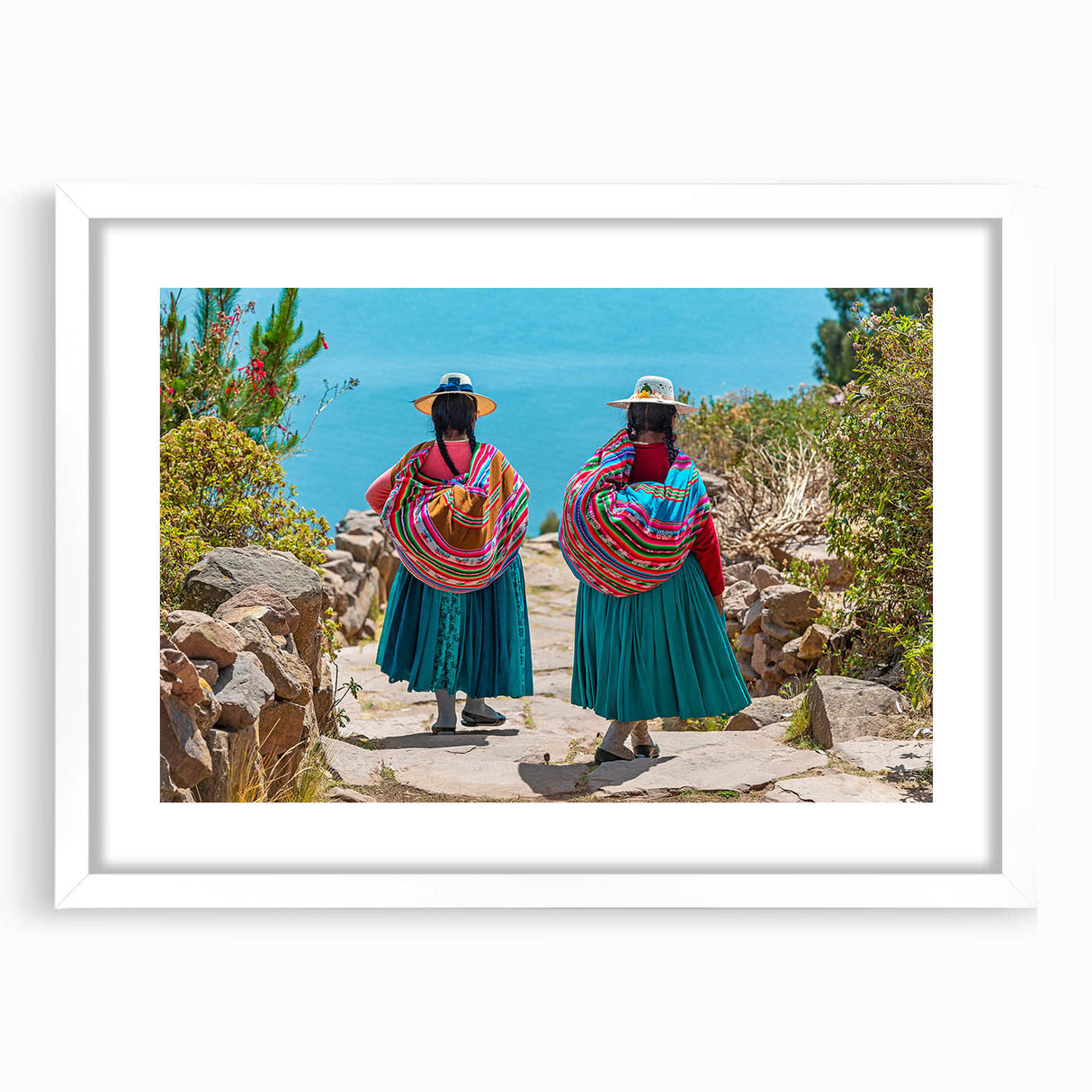 Abstract art print depicting a stylized Bolivian landscape in cool blue and green tones, framed with a white mat.