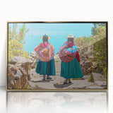 Large acrylic print of a Bolivian landscape in mid-century modernist style, framed in gold.