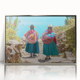 Mid-century modernist art depicting a Bolivian landscape in muted earth tones on a silver-framed acrylic.