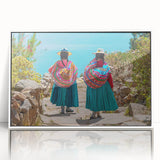 Framed acrylic print of a Bolivian landscape in art deco style, with muted earth tones, ideal for modern art wall decor.