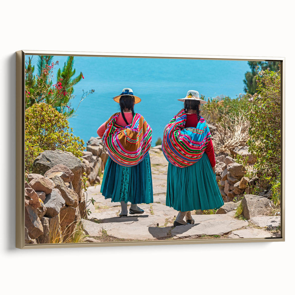 Framed canvas featuring a vintage-style landscape painting of a Bolivian scene in muted gold and black tones.