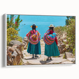 Vintage poster art of a Bolivian landscape in vibrant colors on a large framed canvas, ideal for living room decor.