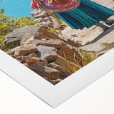 Art deco poster of a Bolivian landscape on rolled canvas, in muted earth tones, suitable for dining room decor.