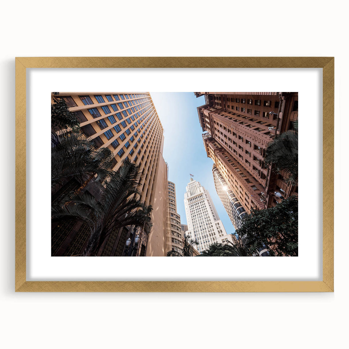 Extra large abstract art print of a textured South American scenery in a gold frame, ideal for living room decor.