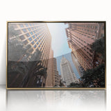 Mid-century modernist art featuring a Brazilian landscape in gold and green tones, acrylic print framed in gold.