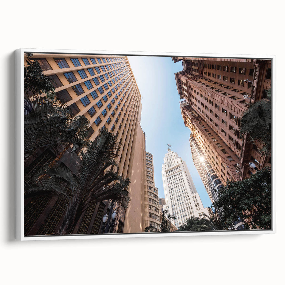 Vintage poster art of a Brazilian landscape on framed canvas, featuring vibrant colors against a black backdrop.