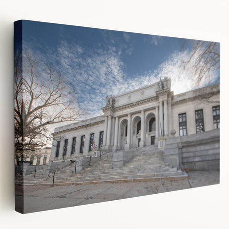 A serene Connecticut landscape on stretched canvas, displaying muted green and blue tones, ideal for kitchen wall art.
