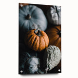 Large abstract wall art on acrylic glass depicting vibrant autumn hues, ideal for bedroom or dining room decor.