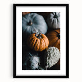 Extra large abstract art print featuring textured, colorful leaves in autumn hues on a black framed canvas.
