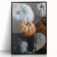 Large abstract wall art featuring mid-century modernist style in warm autumn hues on a black framed acrylic print.