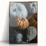 Framed acrylic print of a mid-century modernist fall landscape, featuring golden and orange hues.