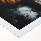 Art deco poster featuring a stylized autumn landscape in warm orange and brown tones on rolled canvas.