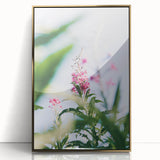 Large art print of a spring scene in mid-century modernist style, with pastel colors on framed acrylic.