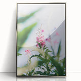 Mid-century modernist art depicting spring season in pastel shades on a silver-framed acrylic print.