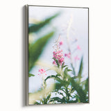 Framed canvas of a vintage landscape painting depicting spring, with vibrant green and pastel colors.