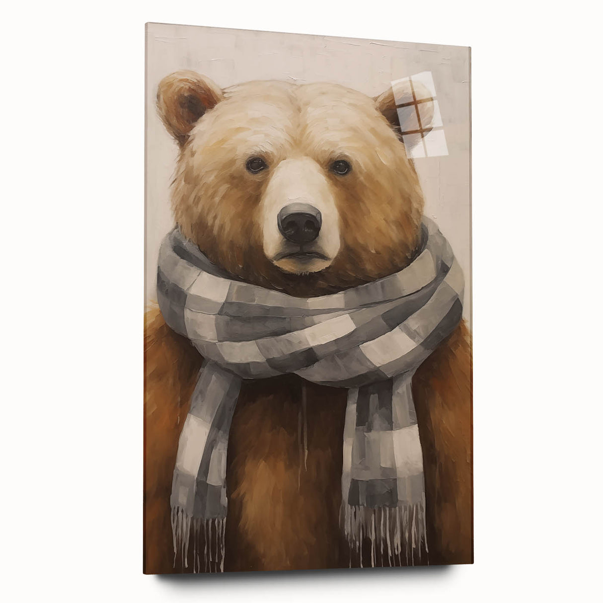 Large abstract wall art on acrylic glass depicting winter scenes in muted blue and white tones.