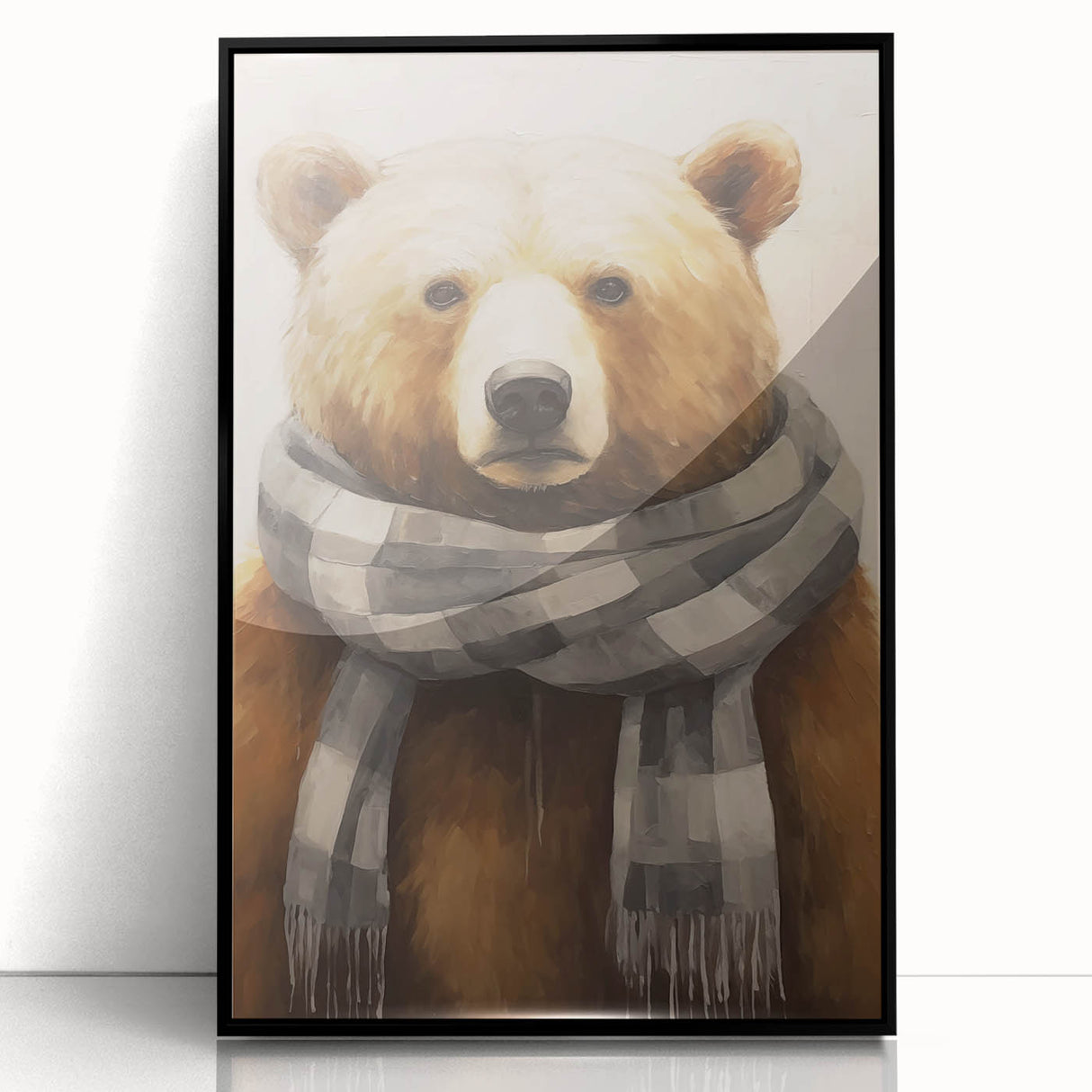 Large abstract wall art depicting a winter scene in mid-century modernist style, framed in black acrylic.