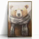 Large acrylic print of a mid-century modernist winter scene in muted blue and gold tones, ideal for nursery wall decor.