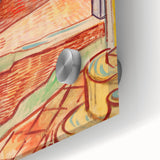 Large abstract wall art print in mid-century modernist style, featuring swirls in blue and yellow on acrylic glass.