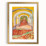 Textured abstract art print in gold frame, featuring swirling blue and yellow hues, ideal for bedroom ambiance.