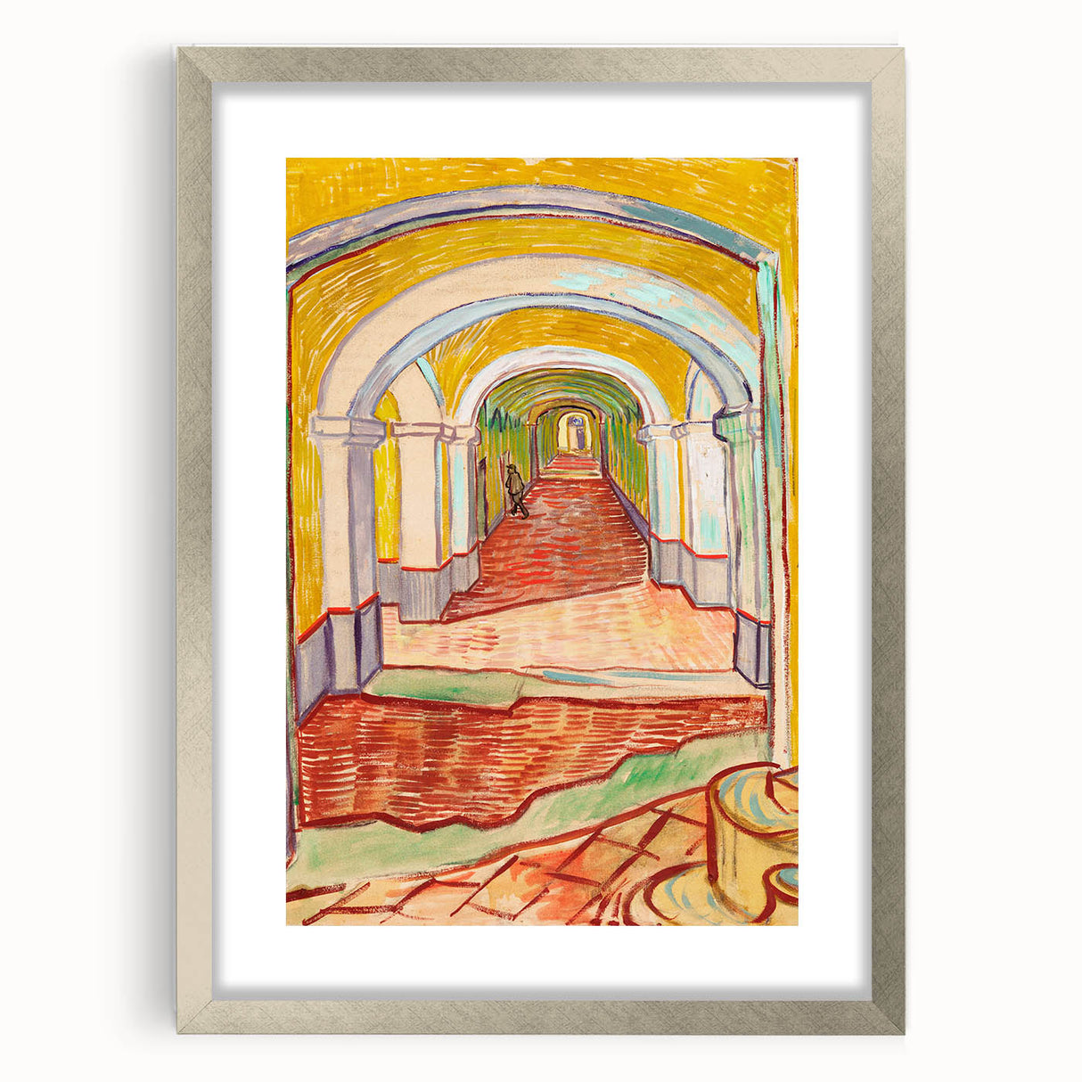 Extra large abstract art print with textured brush strokes in blue and yellow, framed in silver, ideal for living room decor.