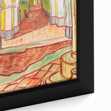 Close-up of a textured Van Gogh-inspired painting on a framed canvas, featuring vibrant colors on a black background.