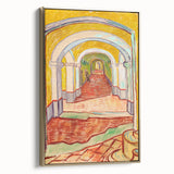 Side view of a framed canvas depicting a Van Gogh landscape with muted gold and black tones, ideal for bedroom wall art.