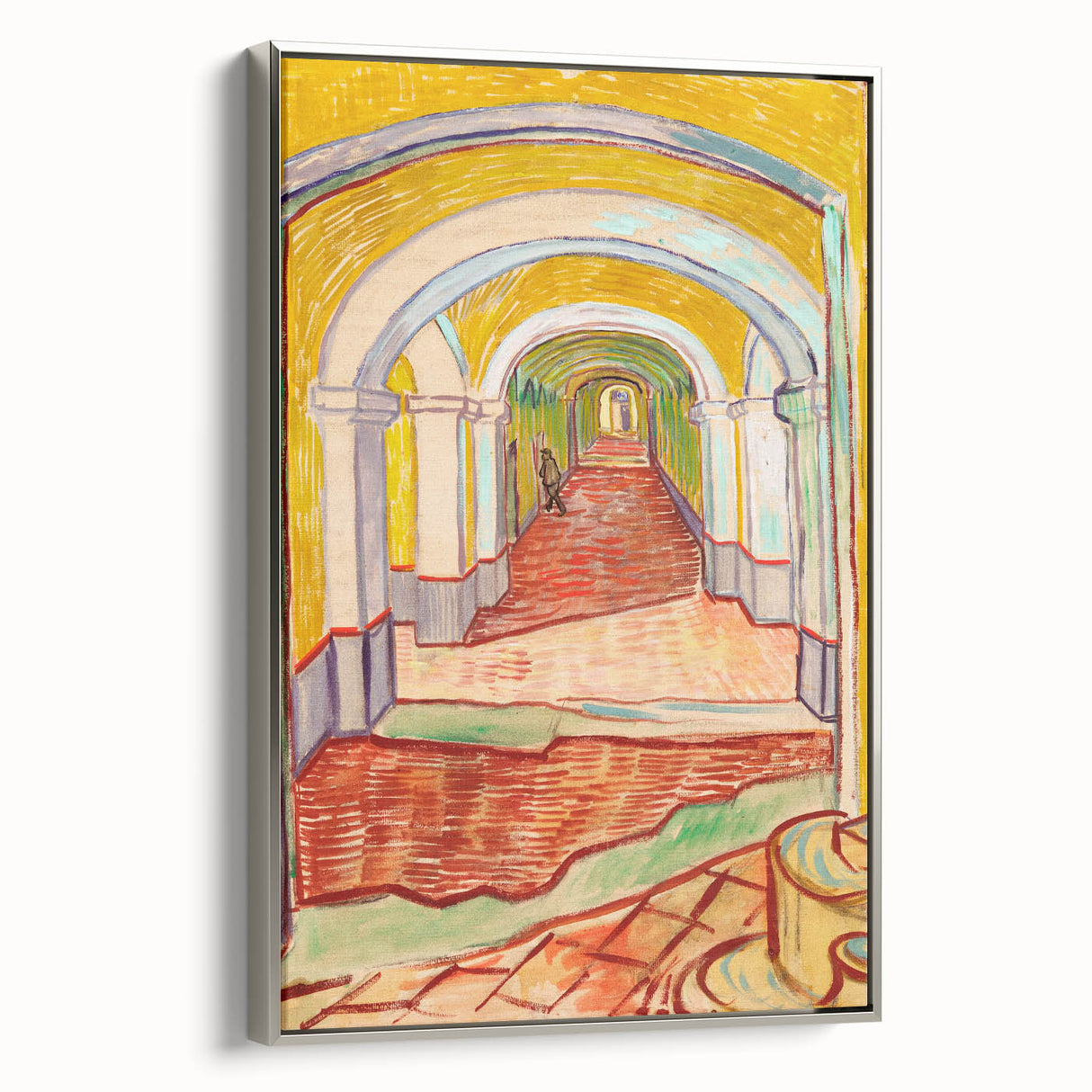Landscape art painting of a starry night in vibrant blues and yellows on a framed canvas, suitable for living room decor.