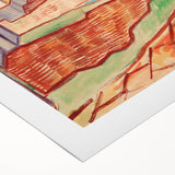 Art deco poster featuring a geometric pattern in muted gold and navy blue on a rolled canvas, suitable for dining room decor.