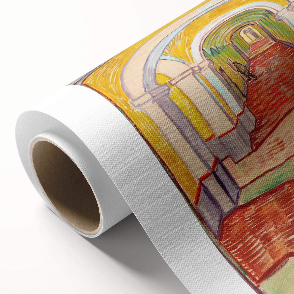 Art Deco-style poster of a Van Gogh painting on rolled canvas, featuring bright blue and yellow tones.
