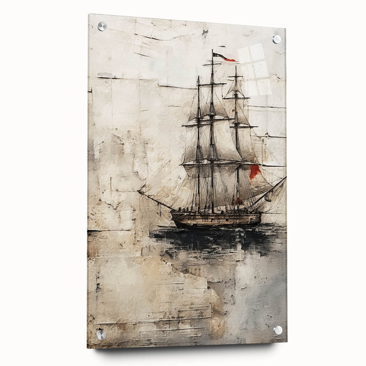 Side view of a ship printed on acrylic glass, featuring shades of blue and white, suitable for bedroom or dining room decor.