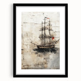 Extra large abstract art print of colorful boats and ships, in vibrant hues on a textured canvas, framed in black.