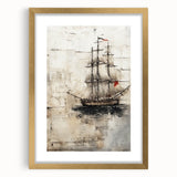 Extra large abstract art print of a textured ship, in muted gold and gray tones on a framed canvas.