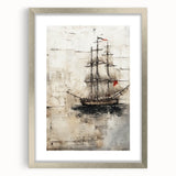 Textured art print of an abstract boat in silver and gray tones on a framed canvas, ideal for bedroom art.