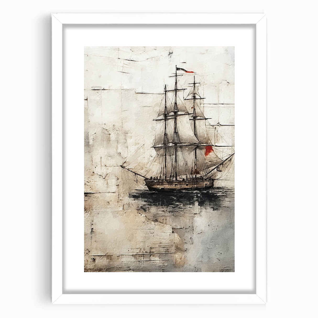 Abstract art print of a stylized ship in muted blue and gray tones on a white framed canvas, ideal for dining room decor.