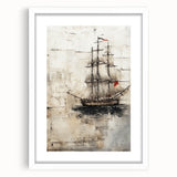 Abstract art print of a stylized ship in muted blue and gray tones on a white framed canvas, ideal for dining room decor.