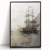 Large abstract wall art of a stylized ship in black and gray tones on a framed acrylic, suitable for modern art wall decor.