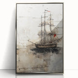 Mid-century modernist art of a silver ship on acrylic, framed, in muted gray, ideal for nursery wall art.