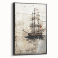 Black and white framed canvas featuring a side view of a vintage ship, ideal for bedroom wall art with a landscape theme.