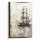 Black and white framed canvas featuring a side view of a vintage ship, ideal for bedroom wall art with a landscape theme.