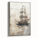 Framed canvas featuring a vintage poster of a ship in black with colorful accents, ideal for nautical-themed decor.