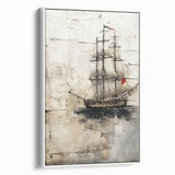 Vintage poster art of a side-view ship on framed canvas, featuring black and colorful accents.
