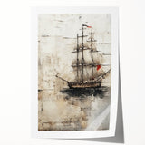 Extra large rolled print featuring a ship on calm waters, executed in muted blue tones, ideal for dining room wall art.