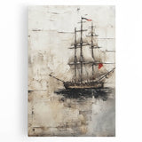 Black and white stretched canvas of a ship, ideal for kitchen wall art, with a minimalist design.