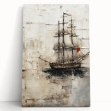 Black and white photo of a ship on stretched canvas, ideal for kitchen wall art or bedroom decor.