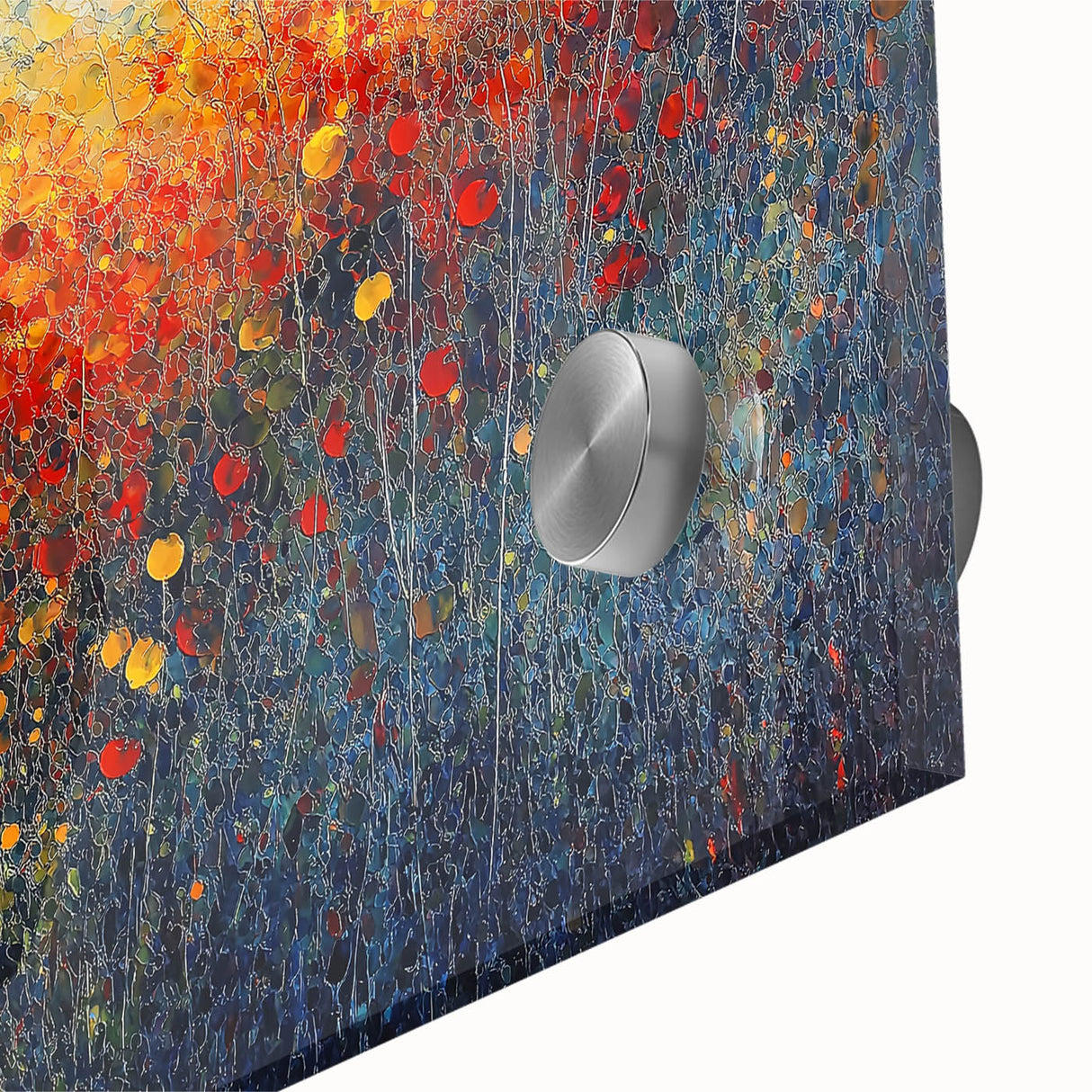 Colorful abstract floral design in acrylic glass, showcasing vibrant hues of pink, blue, and green with a sleek, glossy finish, ideal for modern decor.